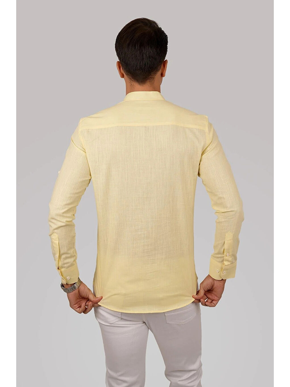 Sarı Hakim Yaka Keten Üç Düğmeli Slimfit Erkek %100 Pamuk Gömlek-5