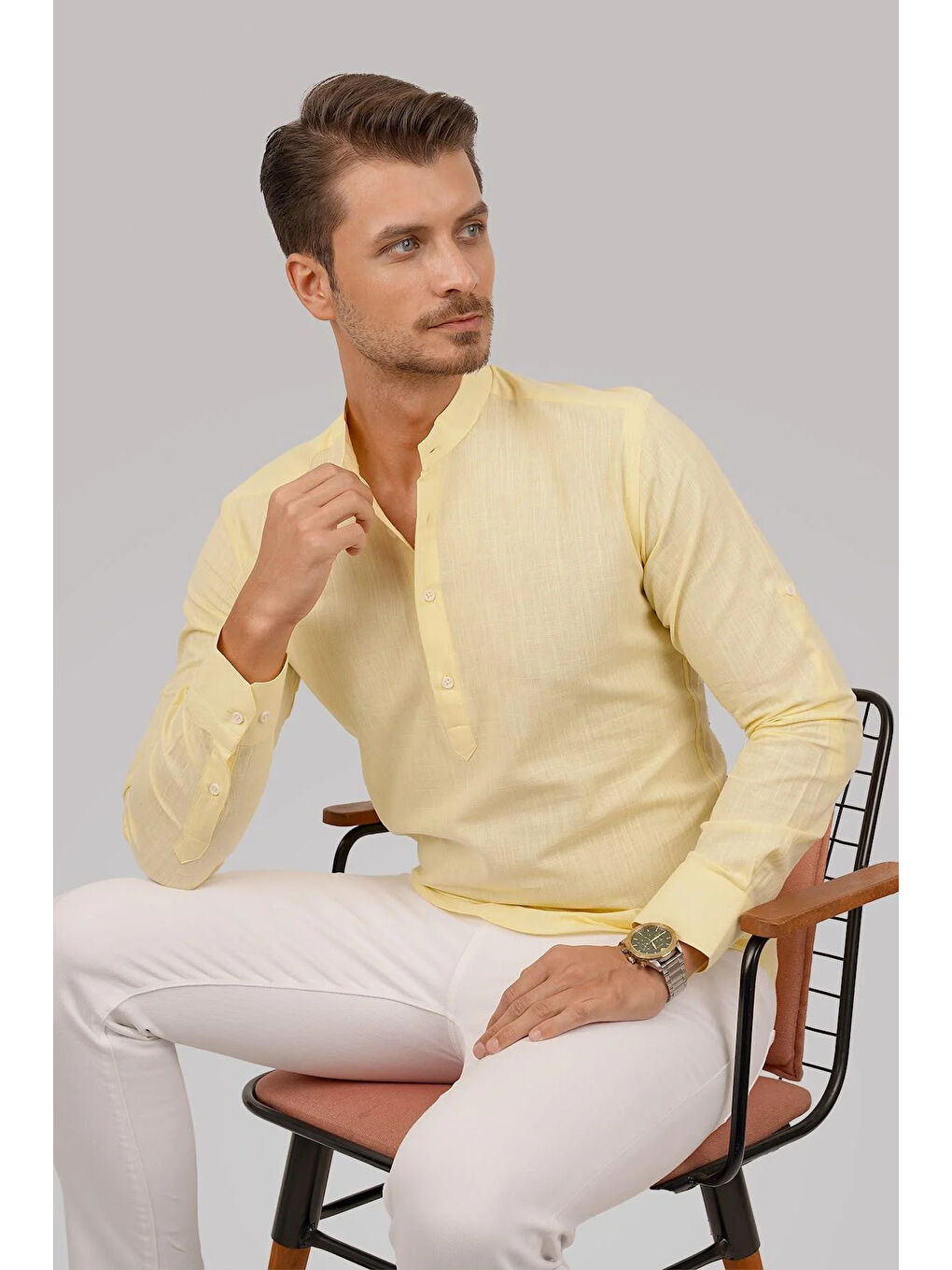 Sarı Hakim Yaka Keten Üç Düğmeli Slimfit Erkek %100 Pamuk Gömlek-1
