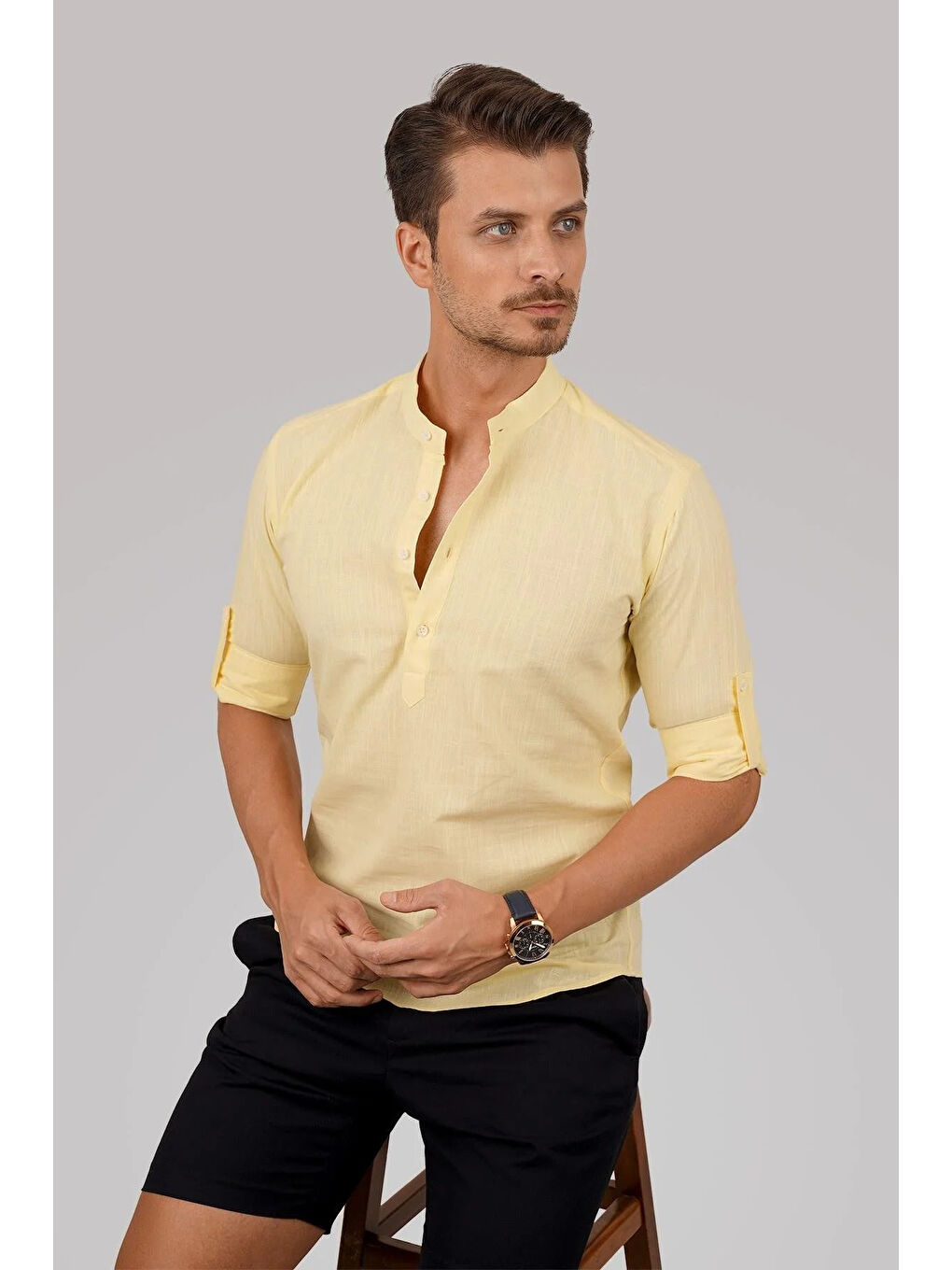 Sarı Hakim Yaka Keten Üç Düğmeli Slimfit Erkek %100 Pamuk Gömlek-2