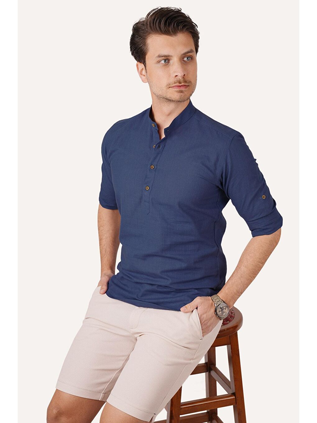 Etikmen Indigo Hakim Yaka Keten Üç Düğmeli Slimfit Erkek Gömlek - 2