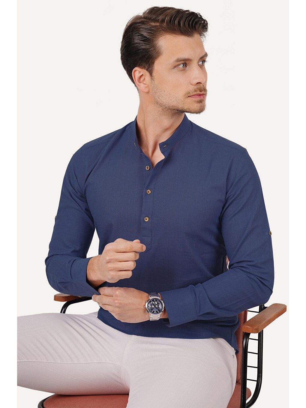Etikmen Indigo Hakim Yaka Keten Üç Düğmeli Slimfit Erkek Gömlek - 4