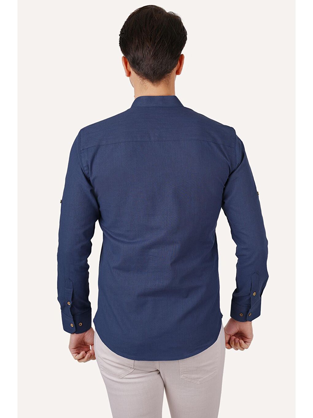 Etikmen Indigo Hakim Yaka Keten Üç Düğmeli Slimfit Erkek Gömlek - 5