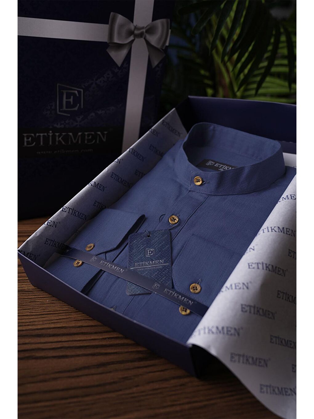 Etikmen Indigo Hakim Yaka Keten Üç Düğmeli Slimfit Erkek Gömlek - 6