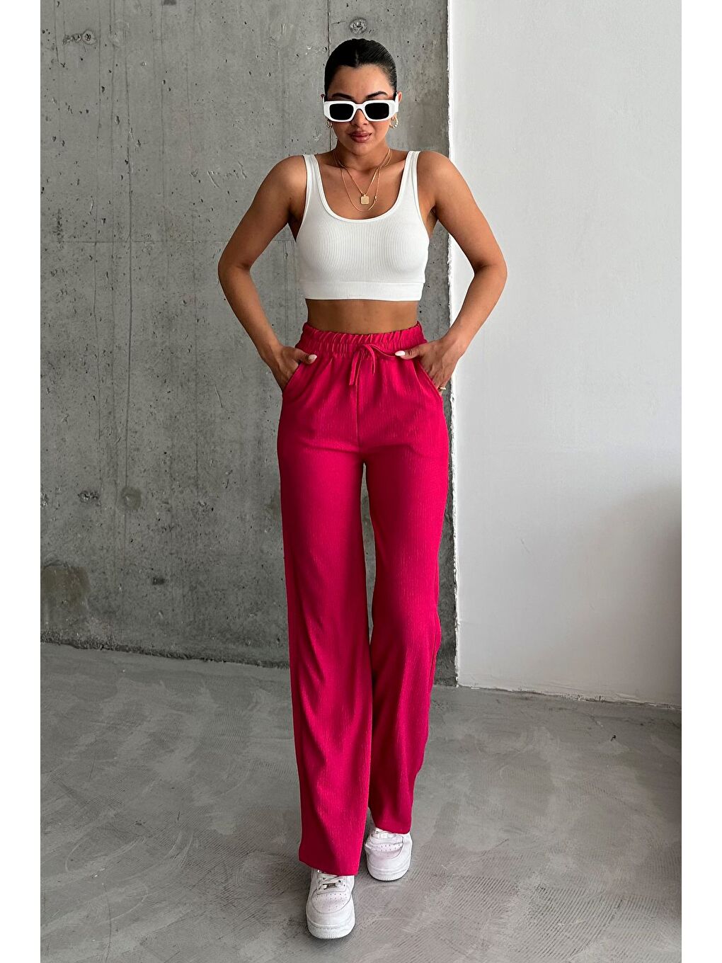 Kadın Pembe İspanyol Paça Rahat Kalıp Pantolon-1