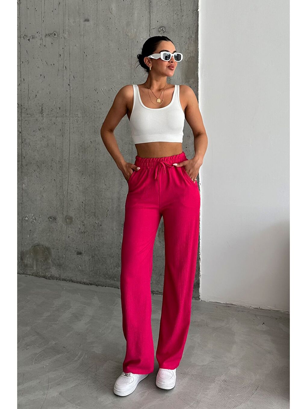 Kadın Pembe İspanyol Paça Rahat Kalıp Pantolon-2