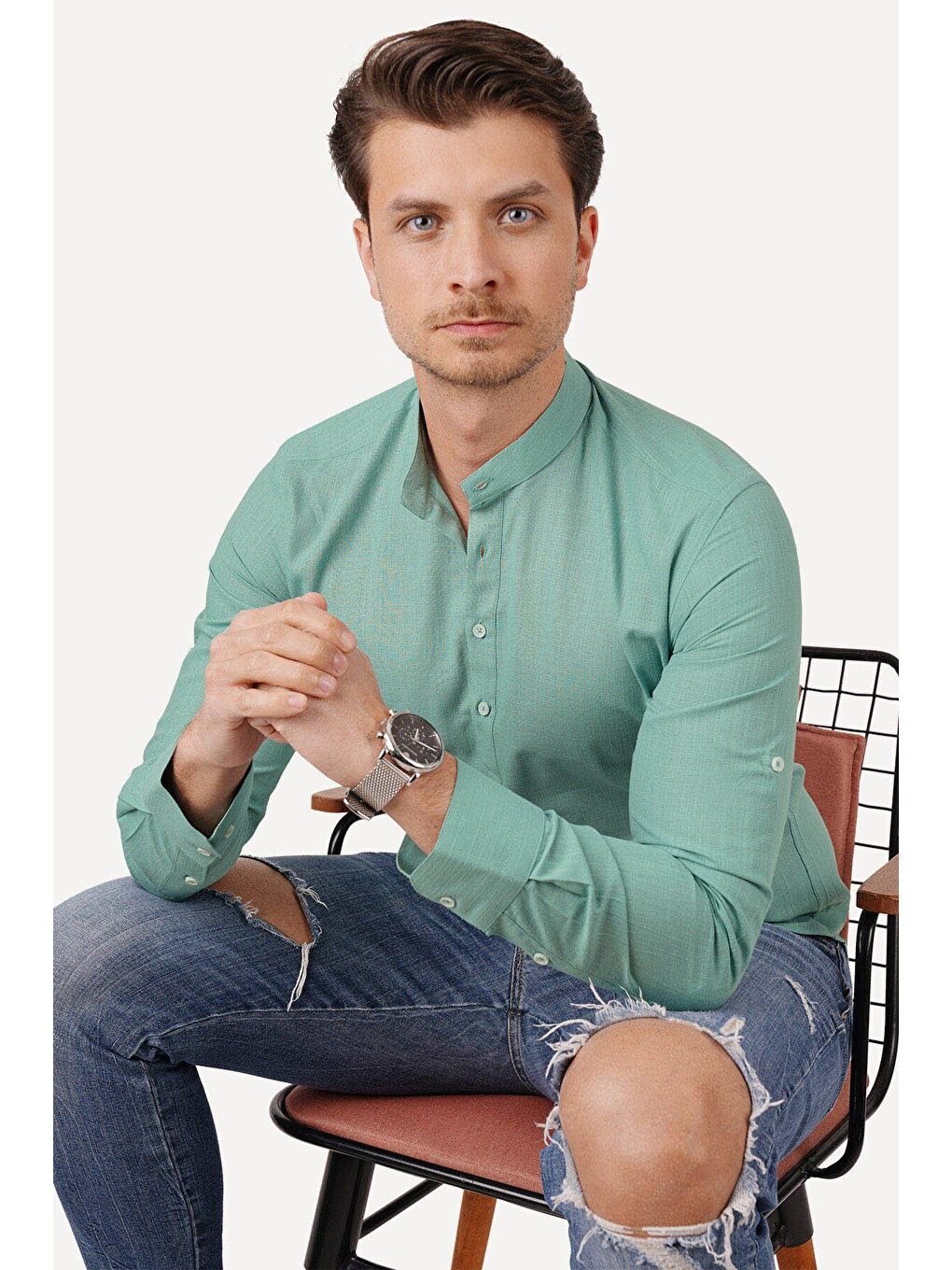 Etikmen Mint Yeşili Hakim Yaka Keten Üç Düğmeli Slimfit Erkek Gömlek - 5