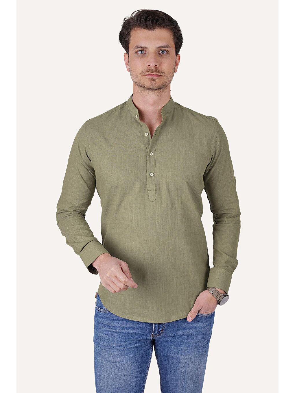 Haki Yeşil Hakim Yaka Keten Üç Düğmeli Slimfit Erkek %100 Pamuk Gömlek-1