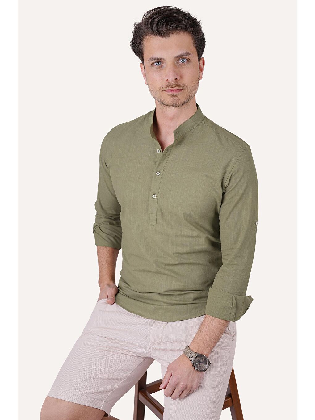 Haki Yeşil Hakim Yaka Keten Üç Düğmeli Slimfit Erkek %100 Pamuk Gömlek-2