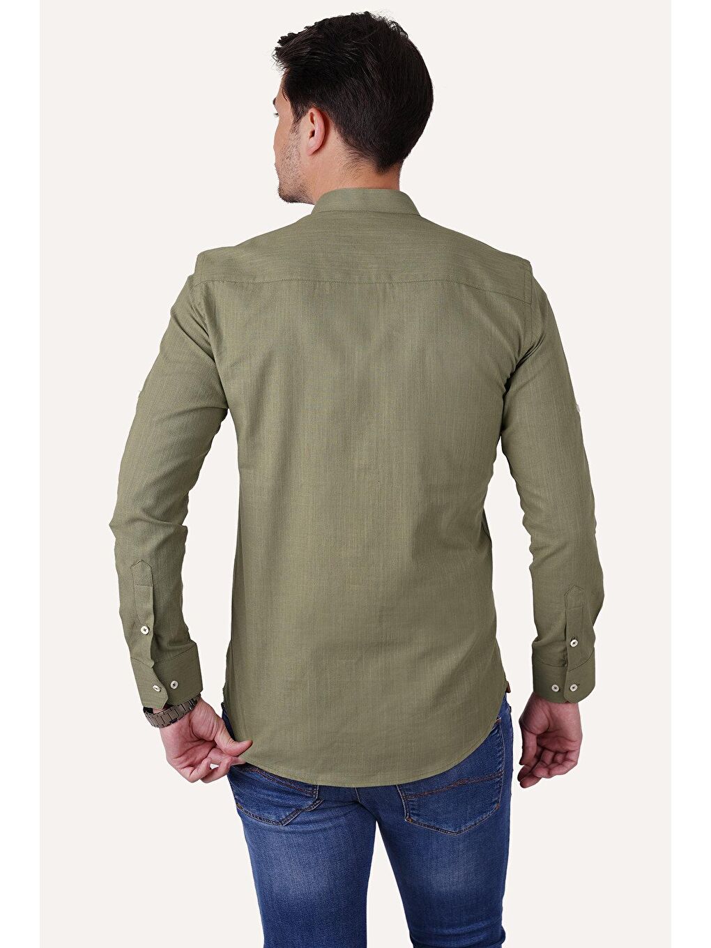 Haki Yeşil Hakim Yaka Keten Üç Düğmeli Slimfit Erkek %100 Pamuk Gömlek-5