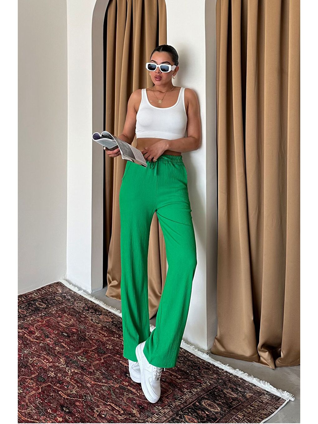 Kadın Yeşil İspanyol Paça Rahat Kalıp Pantolon