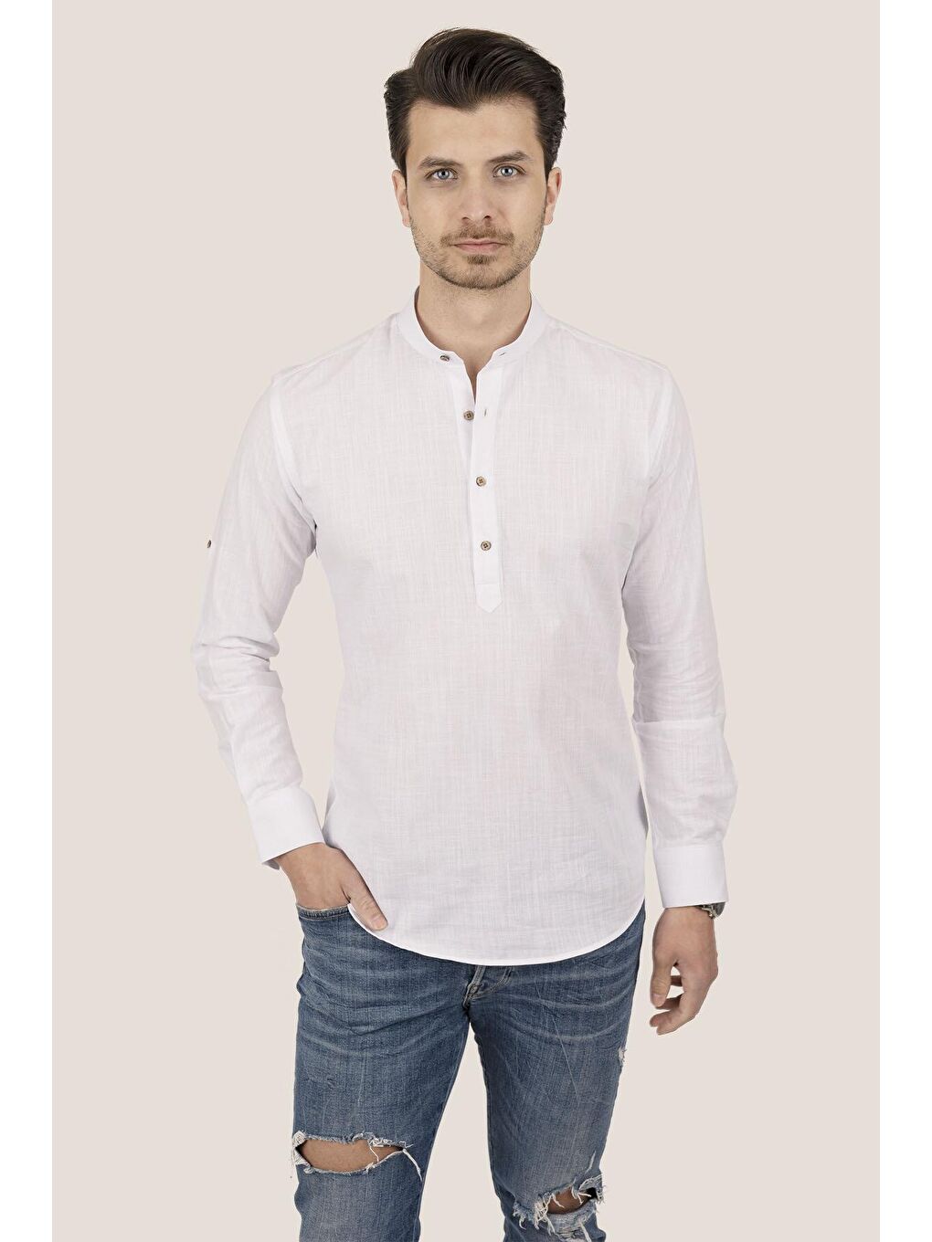Beyaz Hakim Yaka Üç Düğmeli Keten Slimfit Erkek %100 Pamuk Gömlek-1