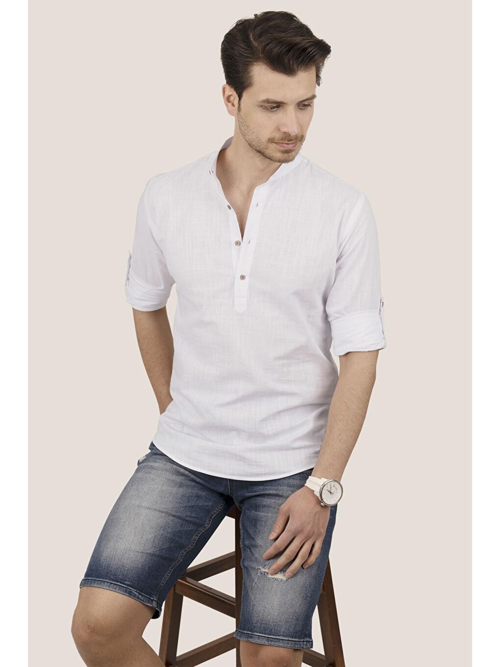 Beyaz Hakim Yaka Üç Düğmeli Keten Slimfit Erkek %100 Pamuk Gömlek-2