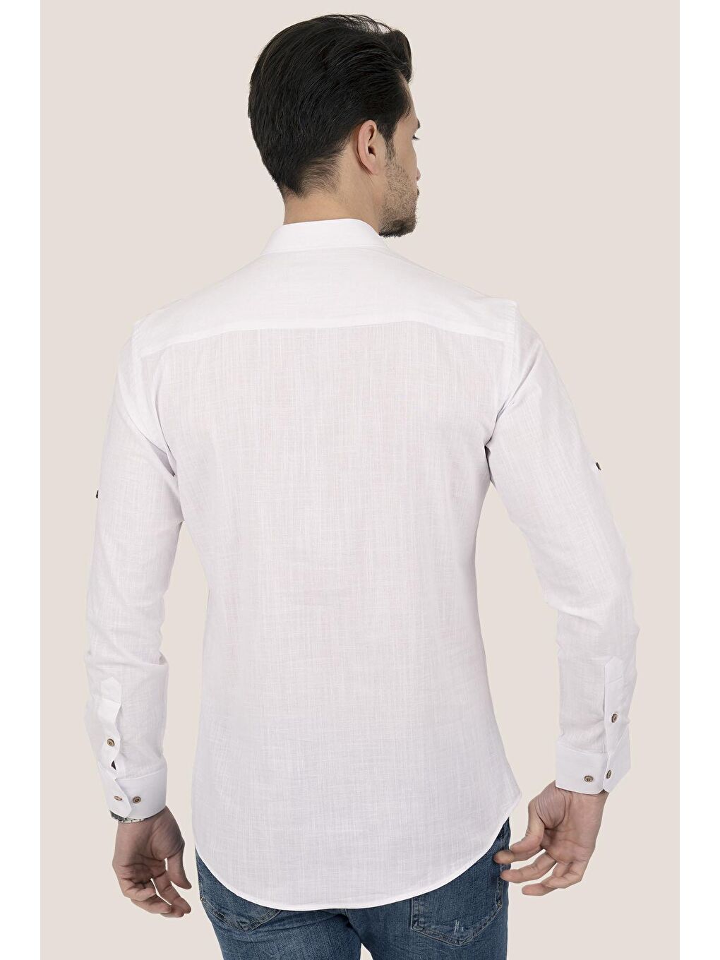Beyaz Hakim Yaka Üç Düğmeli Keten Slimfit Erkek %100 Pamuk Gömlek-5