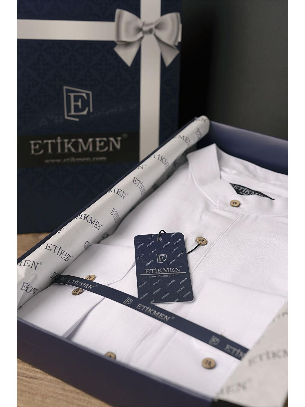 Beyaz Hakim Yaka Üç Düğmeli Keten Slimfit Erkek %100 Pamuk Gömlek-6