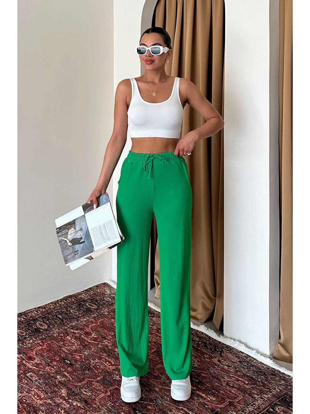 Kadın Yeşil İspanyol Paça Rahat Kalıp Pantolon-3
