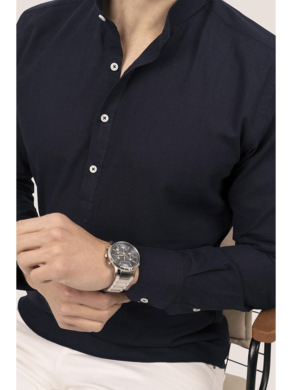 Lacivert Hakim Yaka Keten Üç Düğmeli Slimfit Erkek %100 Pamuk Gömlek