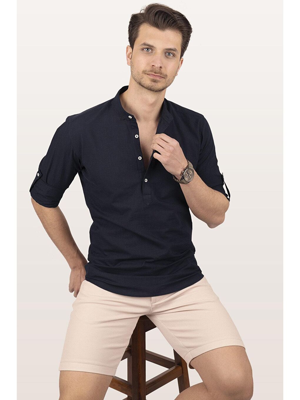 Lacivert Hakim Yaka Keten Üç Düğmeli Slimfit Erkek %100 Pamuk Gömlek-2
