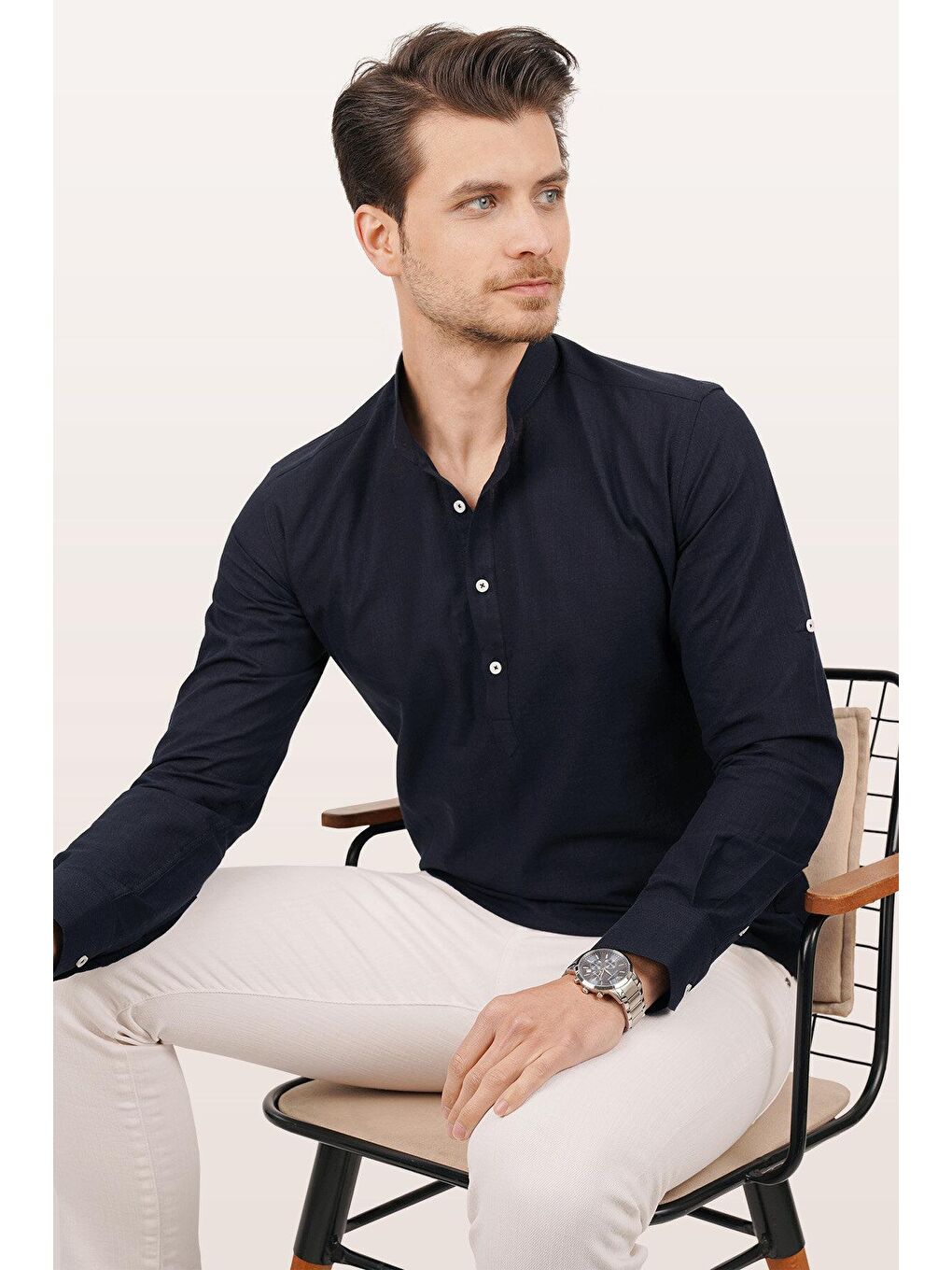 Lacivert Hakim Yaka Keten Üç Düğmeli Slimfit Erkek %100 Pamuk Gömlek-4