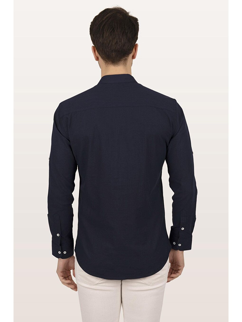 Lacivert Hakim Yaka Keten Üç Düğmeli Slimfit Erkek %100 Pamuk Gömlek-5