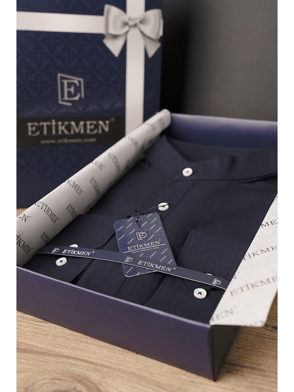 Lacivert Hakim Yaka Keten Üç Düğmeli Slimfit Erkek %100 Pamuk Gömlek-6