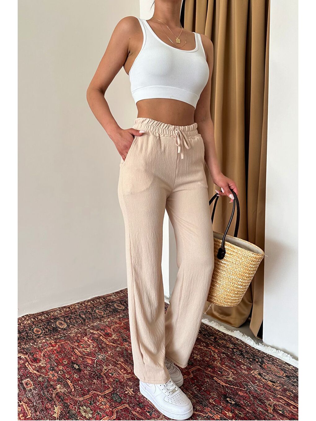Kadın Bej İspanyol Paça Rahat Kalıp Pantolon