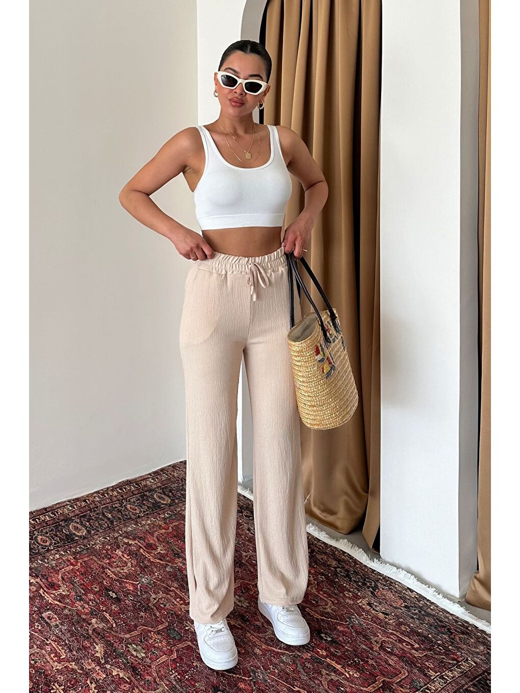 Kadın Bej İspanyol Paça Rahat Kalıp Pantolon-1