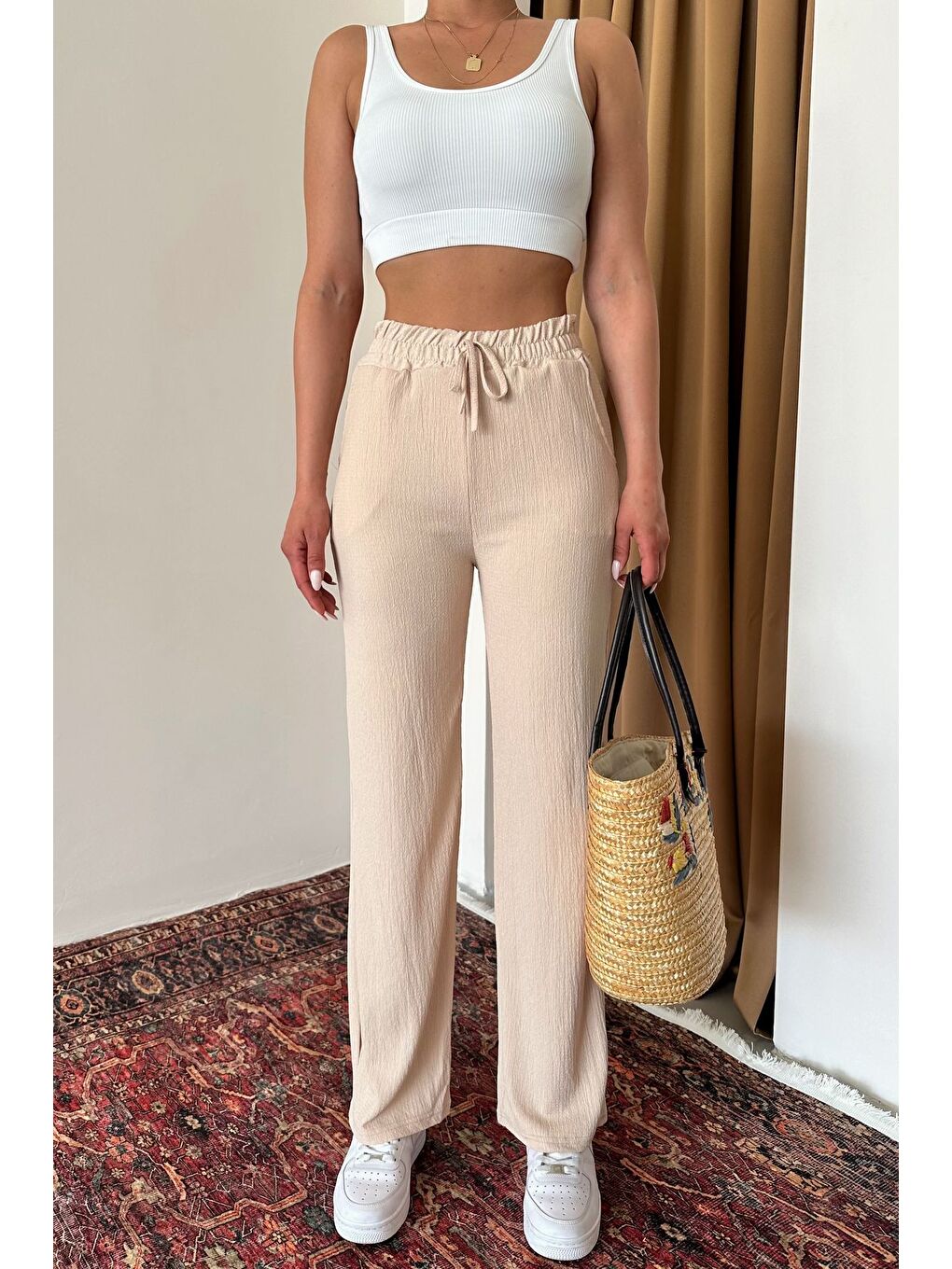 Kadın Bej İspanyol Paça Rahat Kalıp Pantolon-2