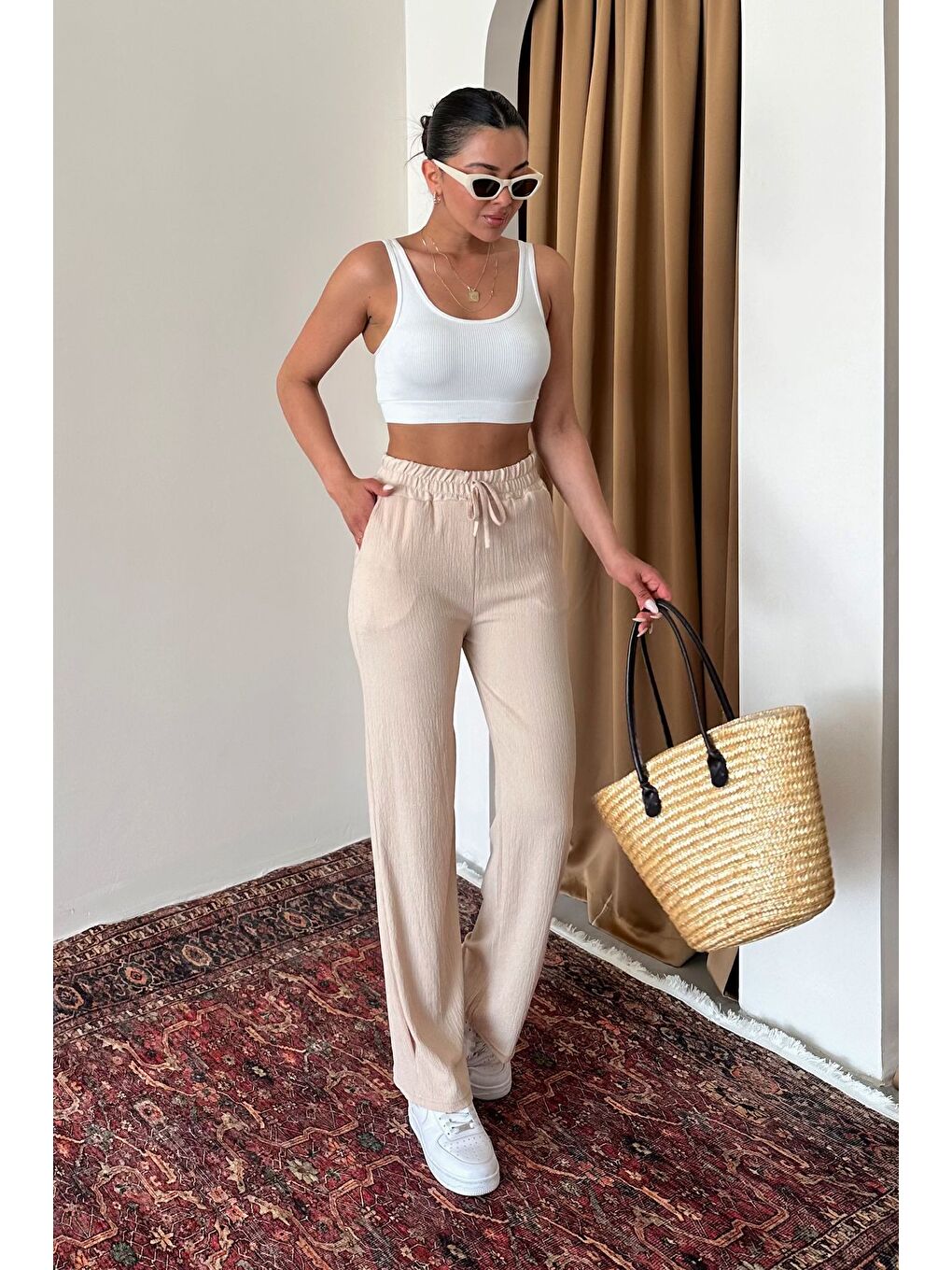 Kadın Bej İspanyol Paça Rahat Kalıp Pantolon-3