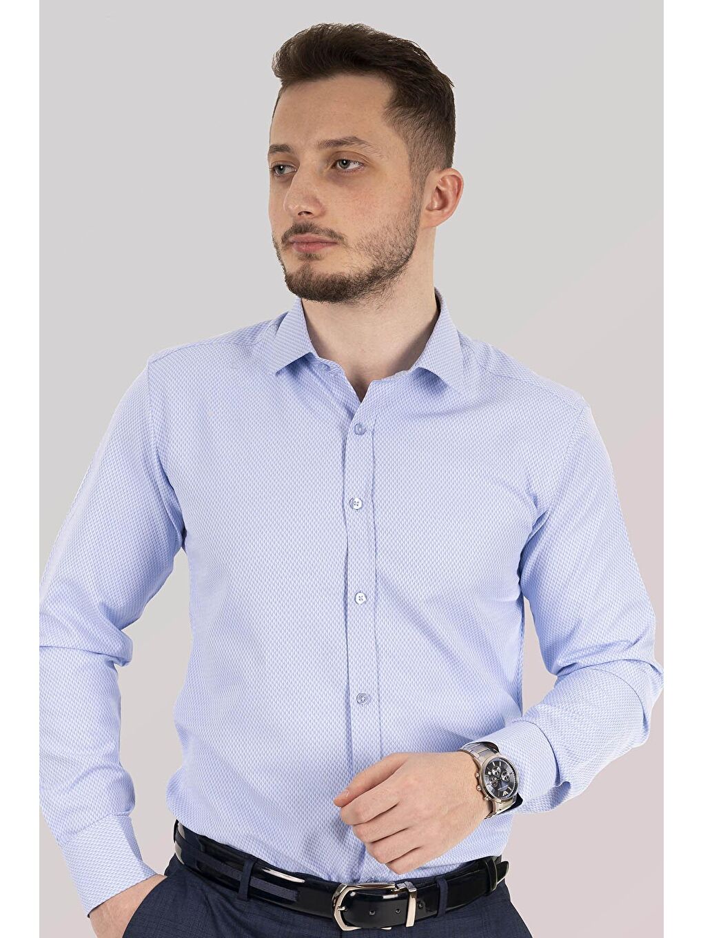 Mavi Gölge Desenli Slimfit Erkek Gömlek-1