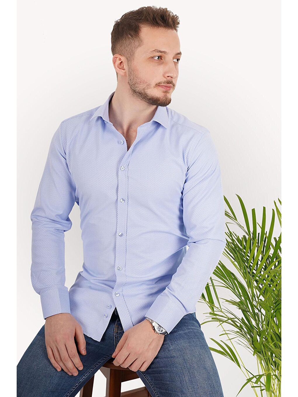 Mavi Gölge Desenli Slimfit Erkek Gömlek-2