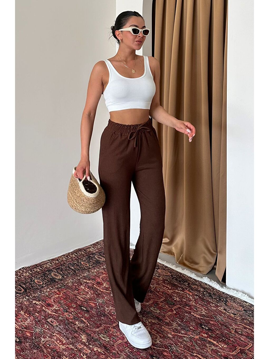 Kadın Kahverengi İspanyol Paça Rahat Kalıp Pantolon