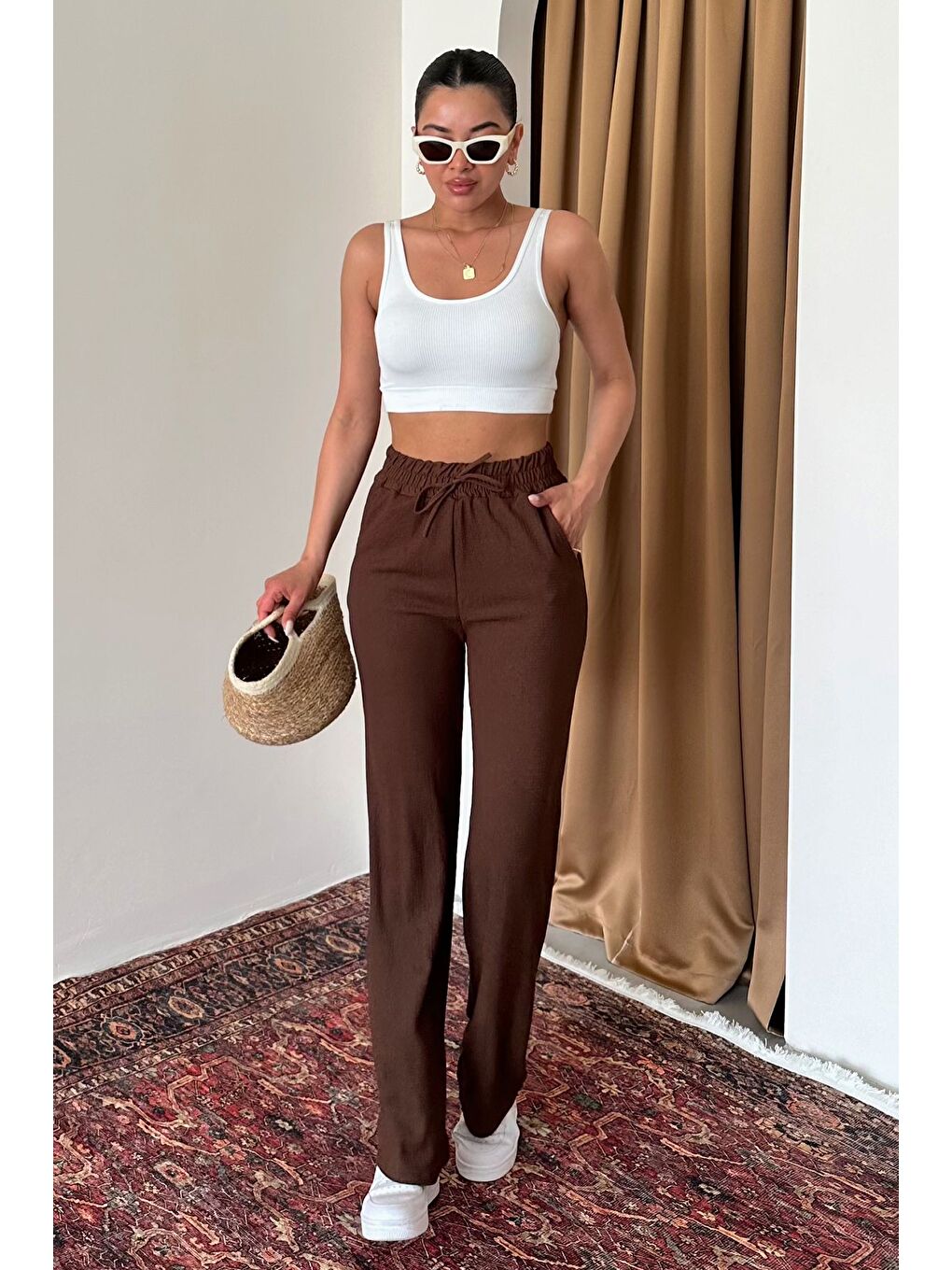 Kadın Kahverengi İspanyol Paça Rahat Kalıp Pantolon-1