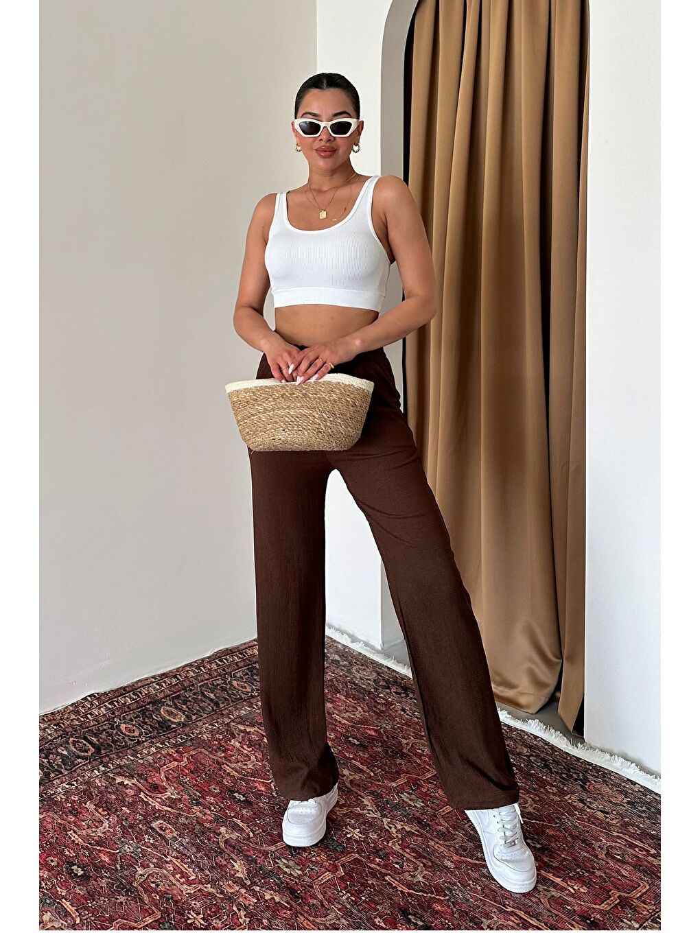 Kadın Kahverengi İspanyol Paça Rahat Kalıp Pantolon-2