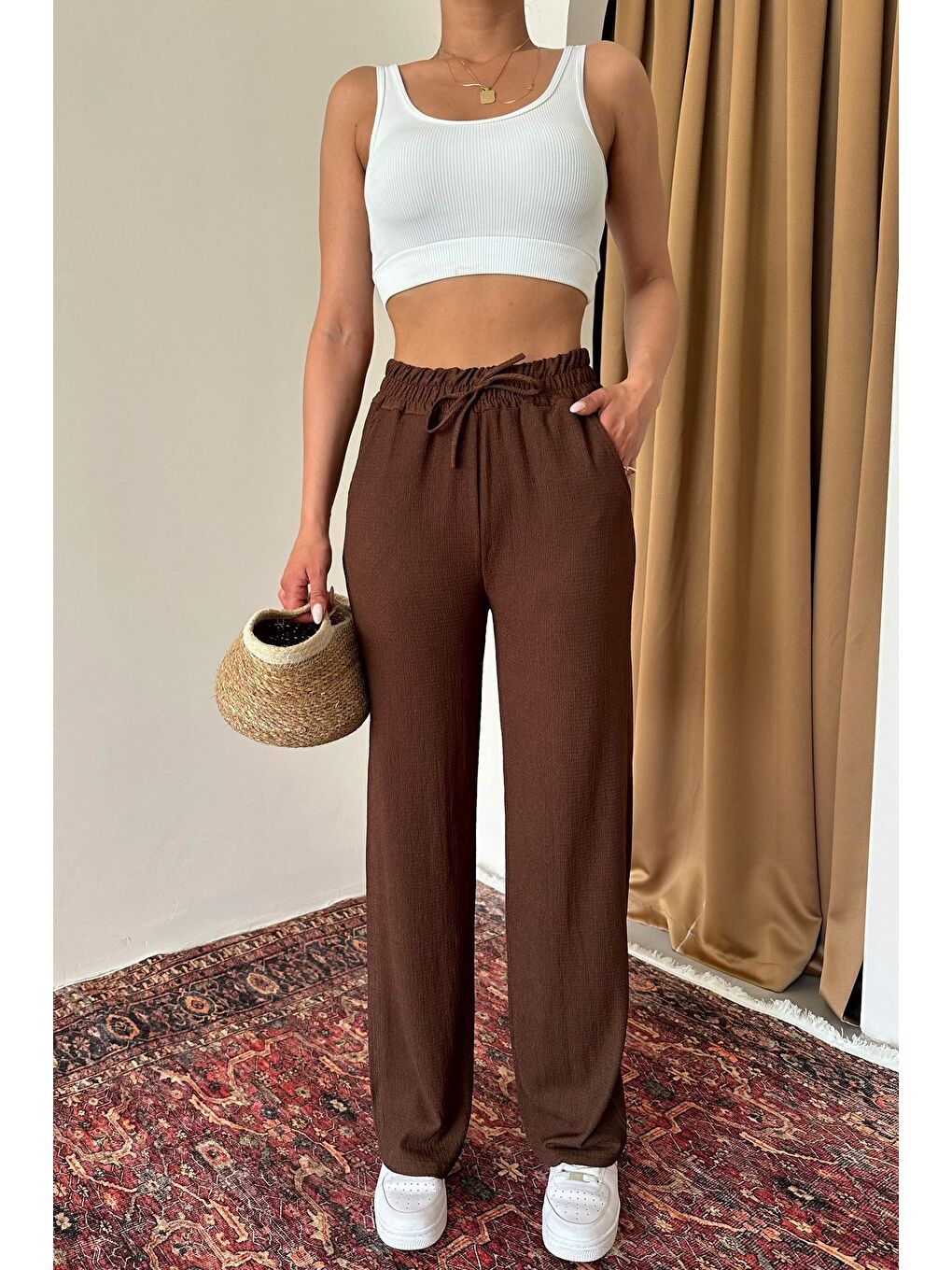 Kadın Kahverengi İspanyol Paça Rahat Kalıp Pantolon-3