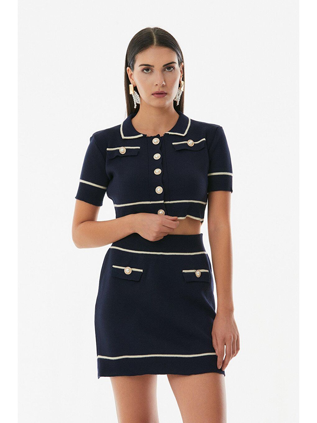 Lacivert Düğmeli Polo Yaka Etekli Triko Takım-2