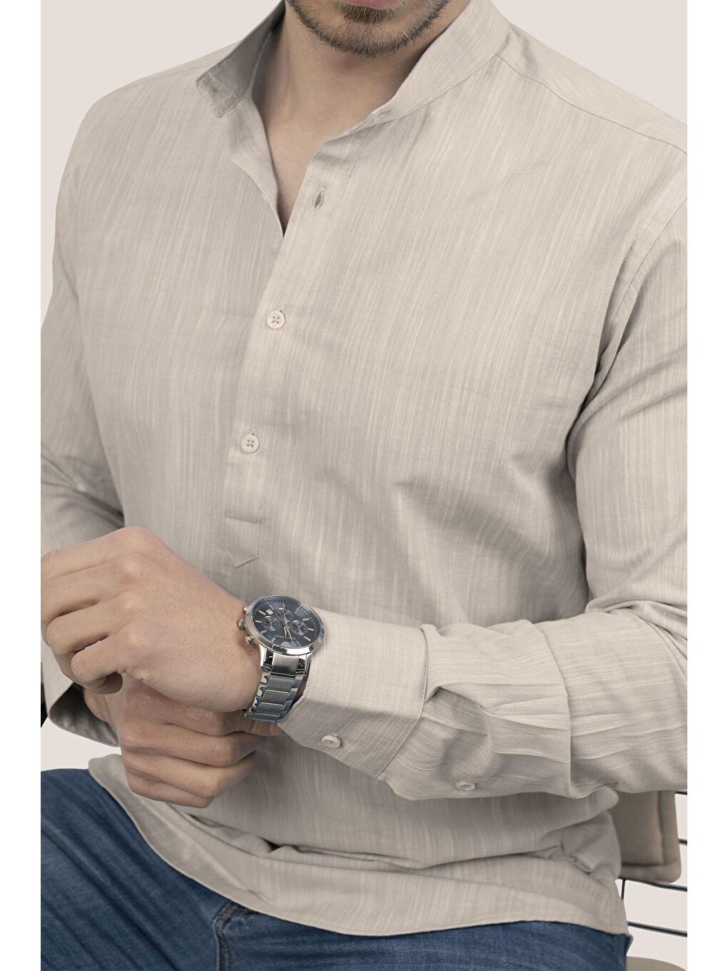 Kahverengi Sütlü Kahve Hakim Yaka Keten Üç Düğmeli Slimfit Erkek %100 Pamuk Gömlek