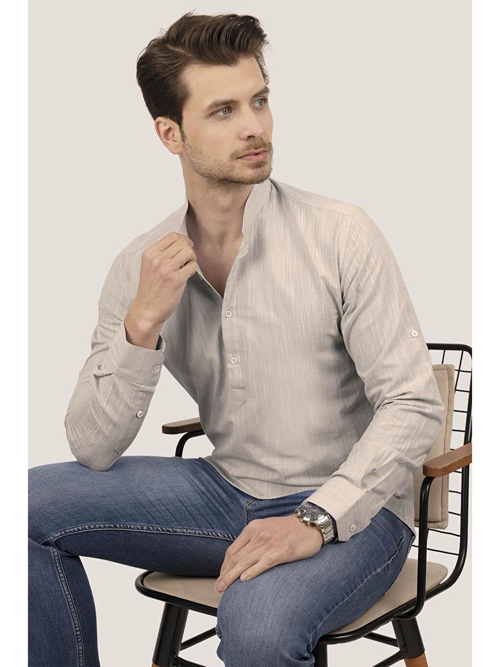 Kahverengi Sütlü Kahve Hakim Yaka Keten Üç Düğmeli Slimfit Erkek %100 Pamuk Gömlek-4