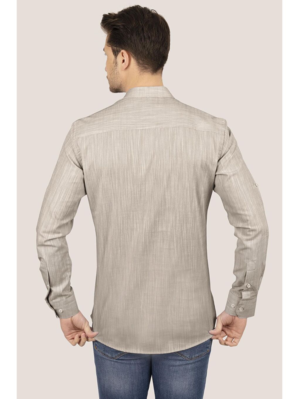 Kahverengi Sütlü Kahve Hakim Yaka Keten Üç Düğmeli Slimfit Erkek %100 Pamuk Gömlek-5