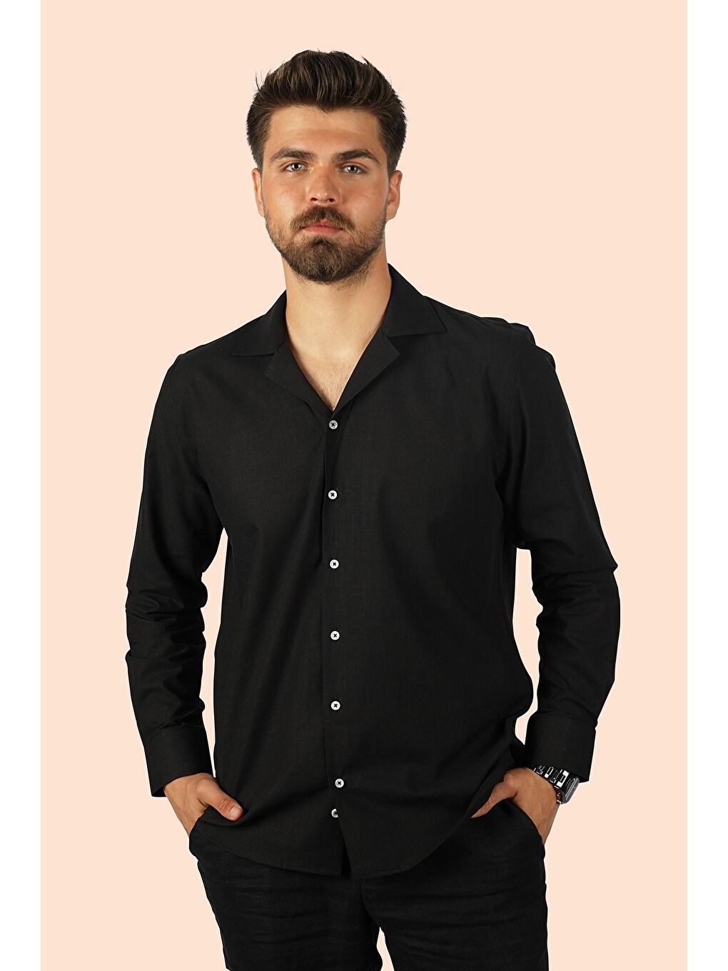 Etikmen Siyah Keten Apaj Yaka Oversize Erkek Gömlek - 4
