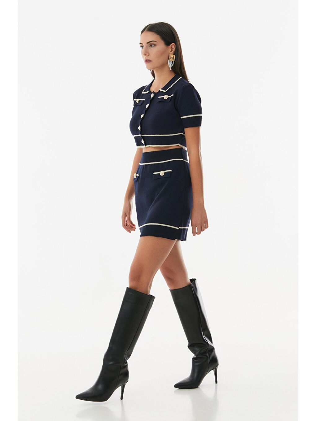 Lacivert Düğmeli Polo Yaka Etekli Triko Takım-3