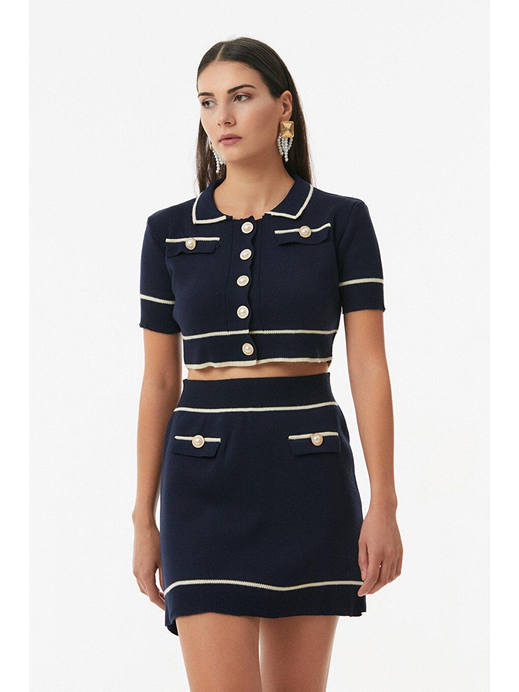 Lacivert Düğmeli Polo Yaka Etekli Triko Takım-4