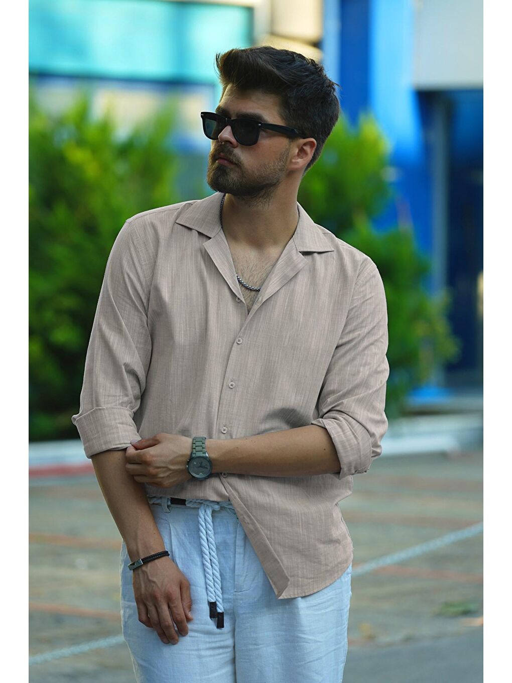 Bej Sütlü Kahve Keten Apaj Yaka Oversize Erkek %100 Pamuk Gömlek