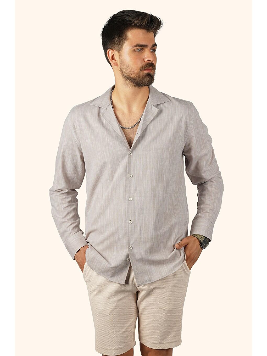 Bej Sütlü Kahve Keten Apaj Yaka Oversize Erkek %100 Pamuk Gömlek-2