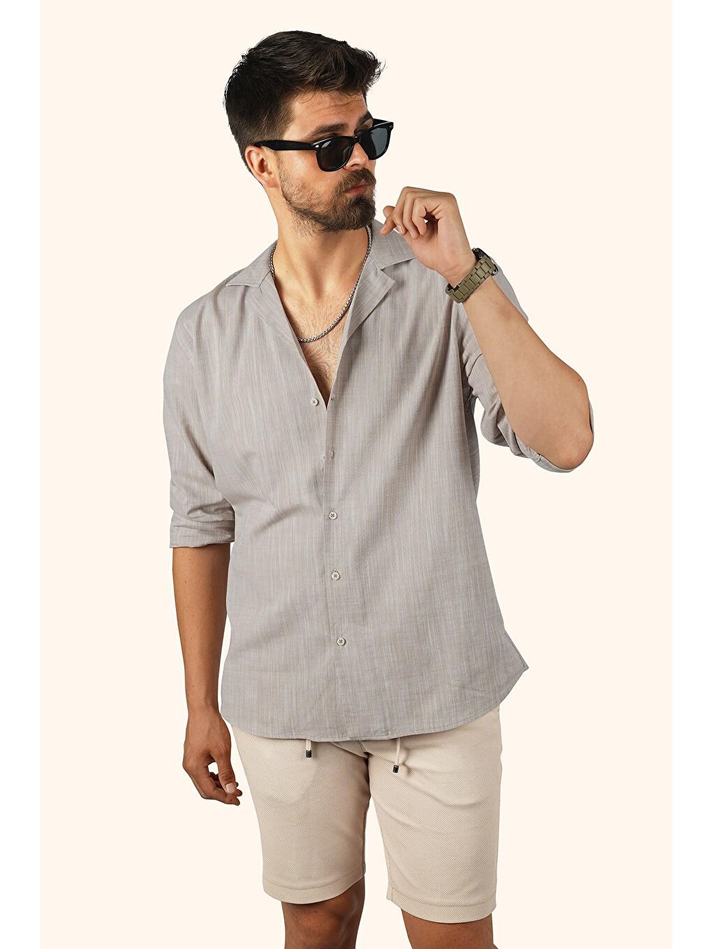 Bej Sütlü Kahve Keten Apaj Yaka Oversize Erkek %100 Pamuk Gömlek-4