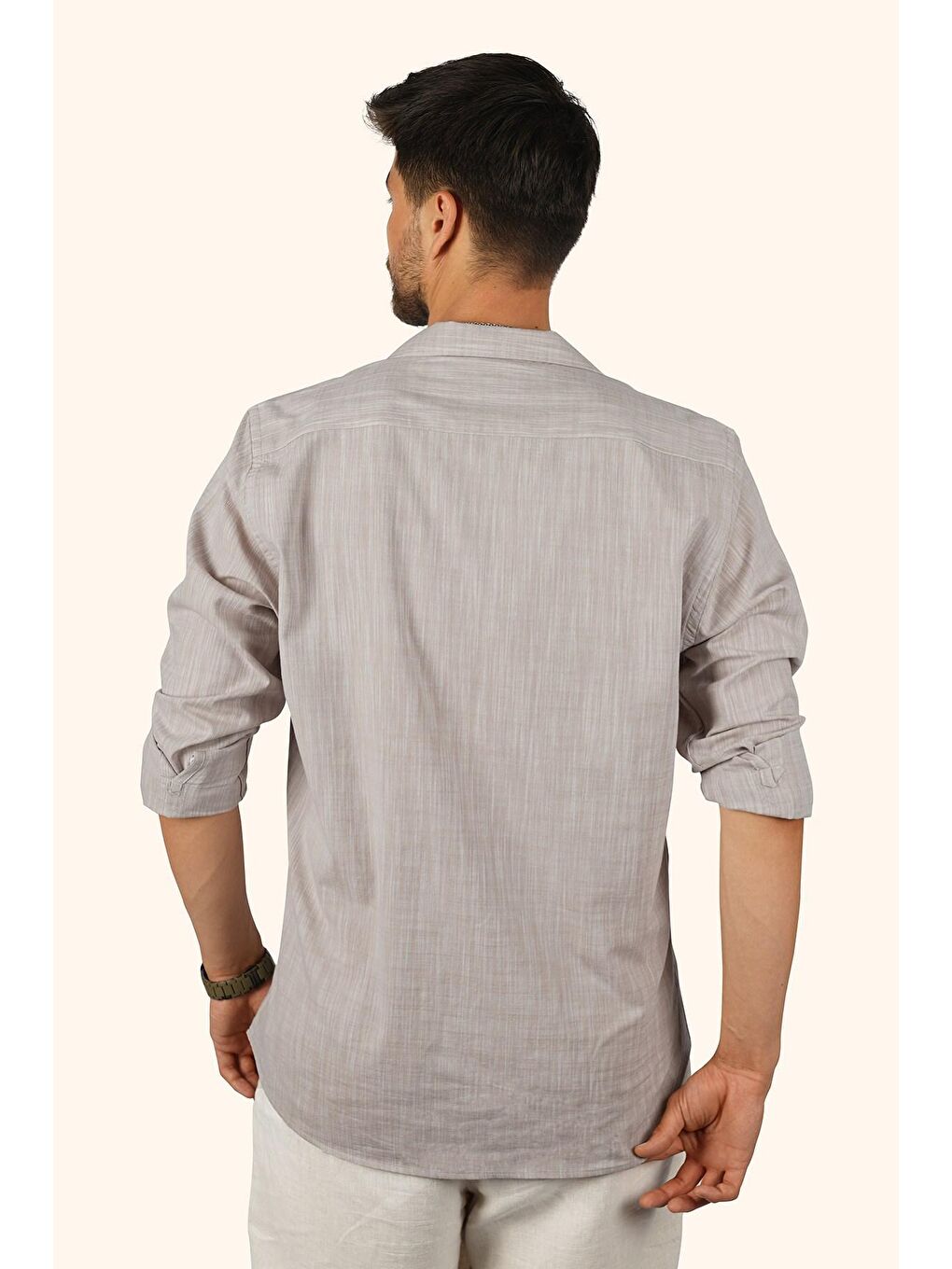 Bej Sütlü Kahve Keten Apaj Yaka Oversize Erkek %100 Pamuk Gömlek-5