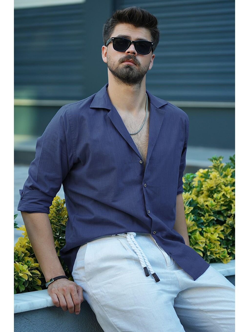 İndigo indigo Keten Apaj Yaka Oversize Erkek Gömlek