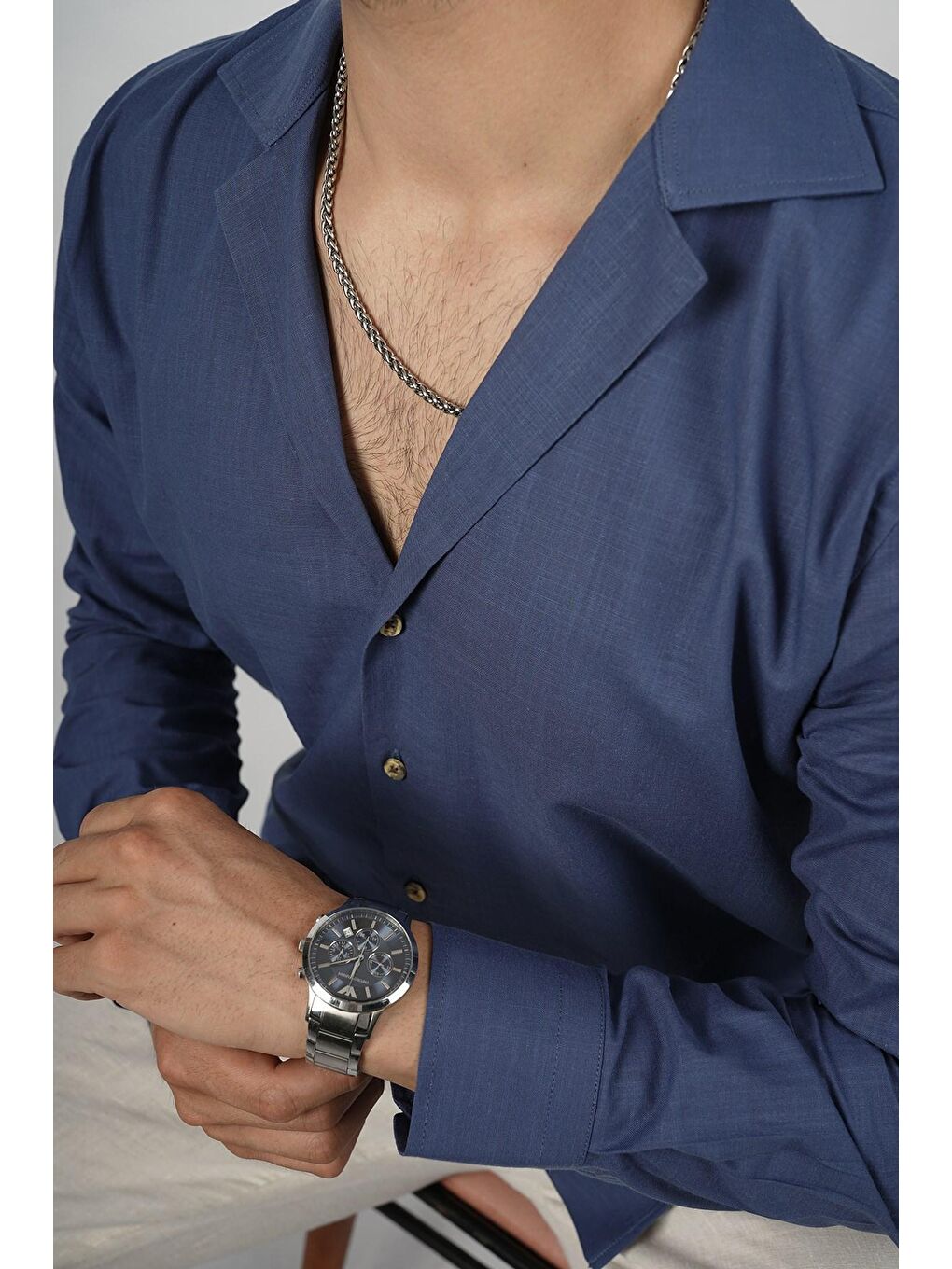 İndigo indigo Keten Apaj Yaka Oversize Erkek Gömlek-1