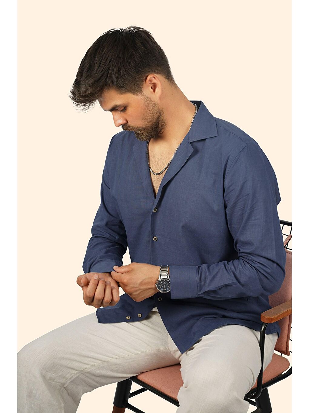 İndigo indigo Keten Apaj Yaka Oversize Erkek Gömlek-2