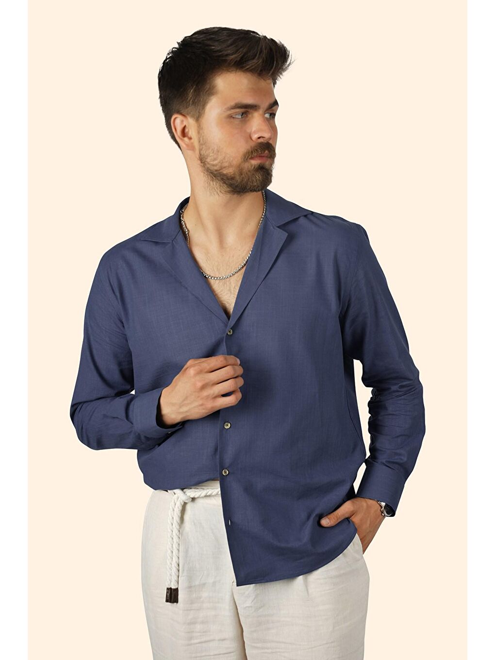 İndigo indigo Keten Apaj Yaka Oversize Erkek Gömlek-4