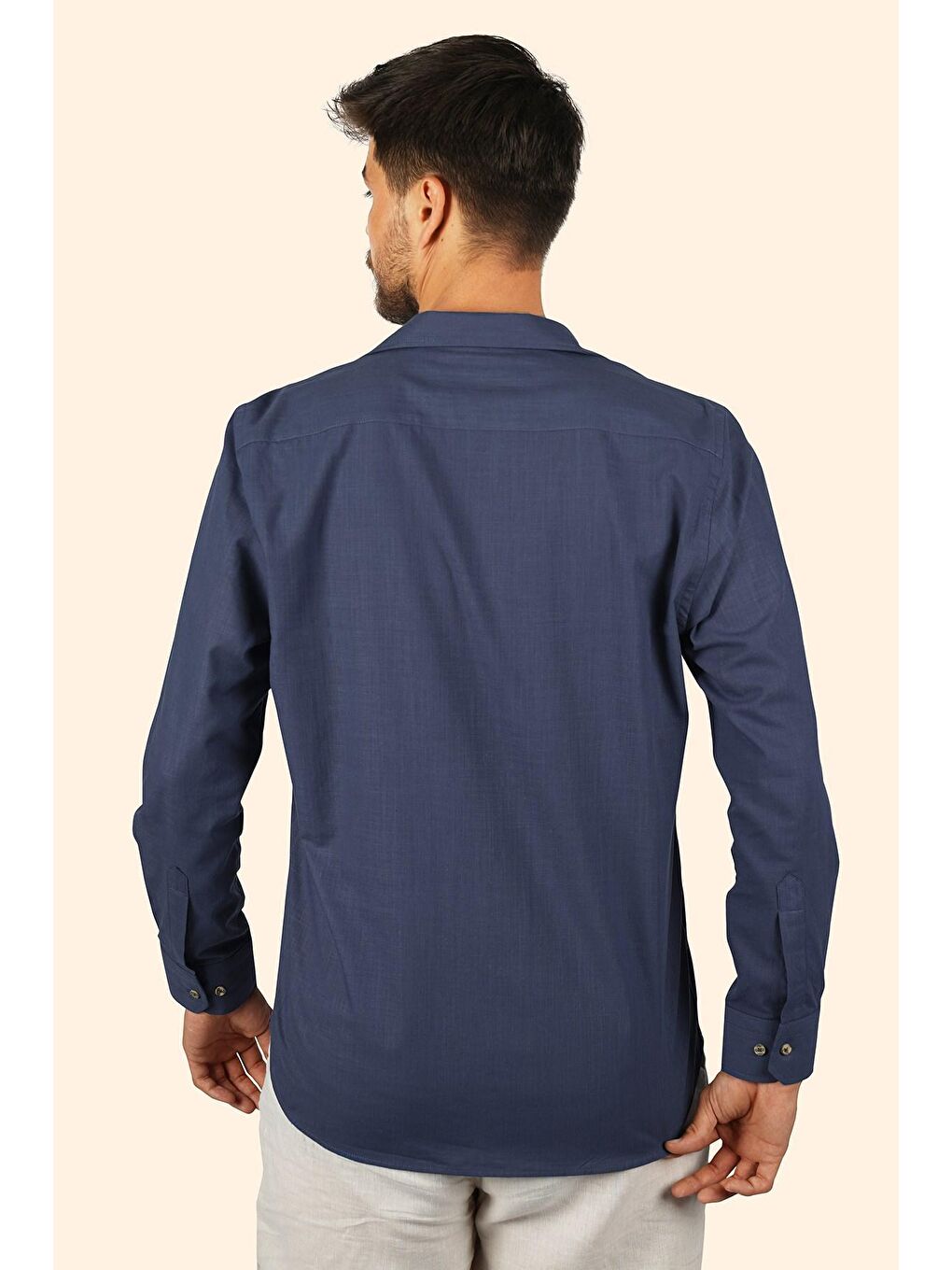 İndigo indigo Keten Apaj Yaka Oversize Erkek Gömlek-5